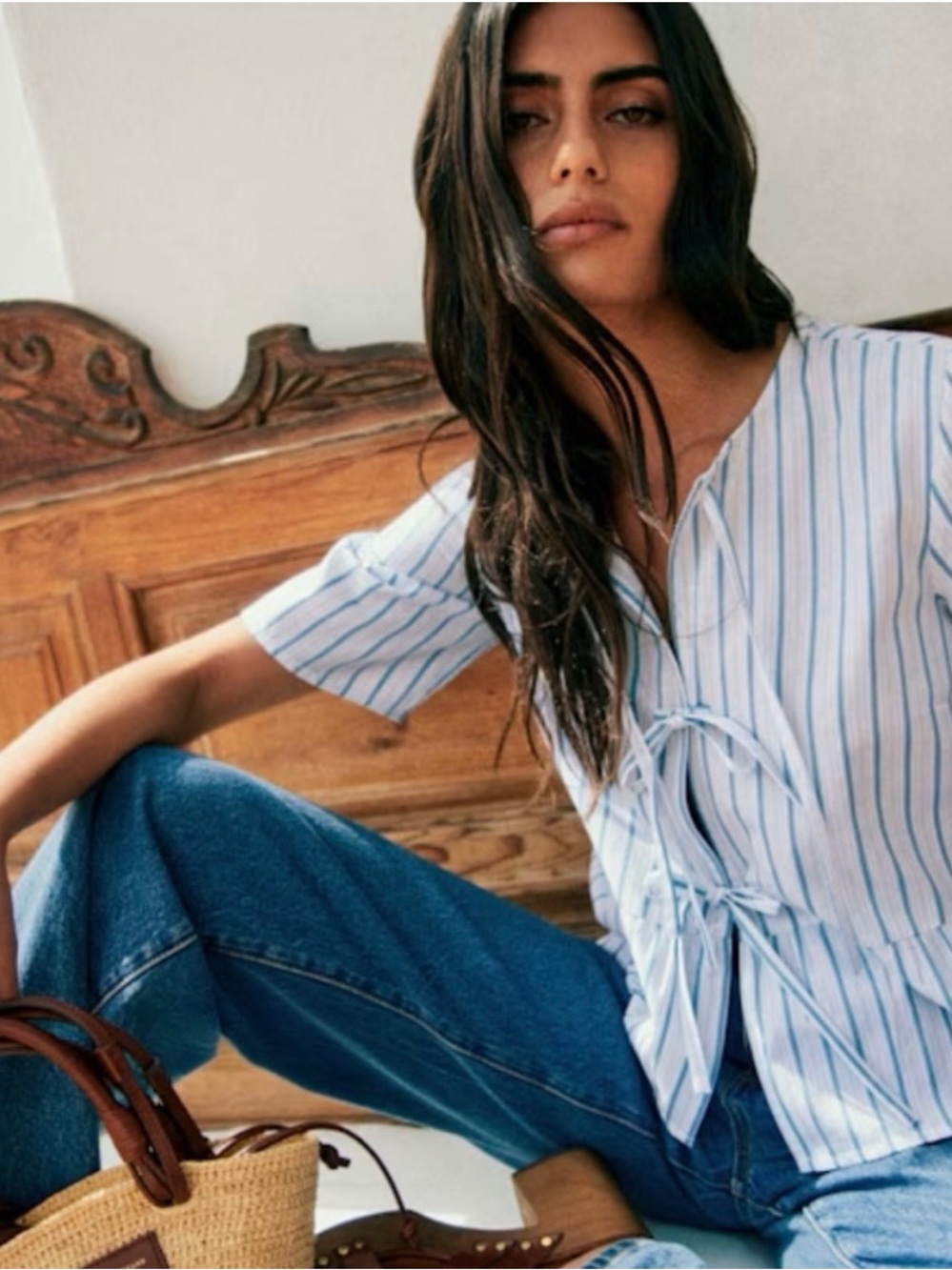Sezane Ileana Light Blue and White Striped Tie-Front Blouse